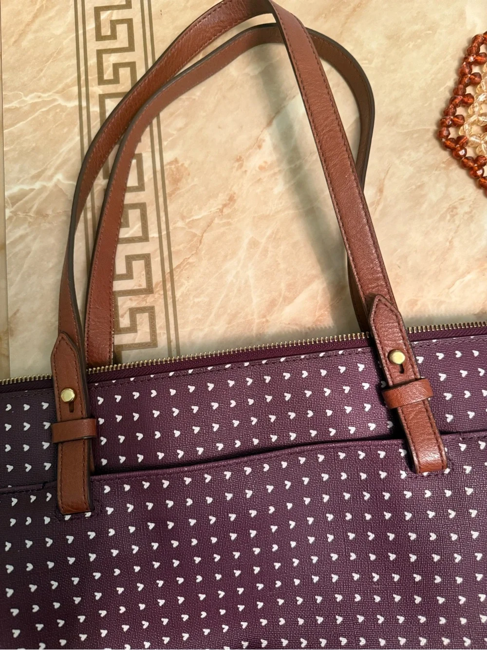 Fossil Burgundy Tote with Brown Leather Straps